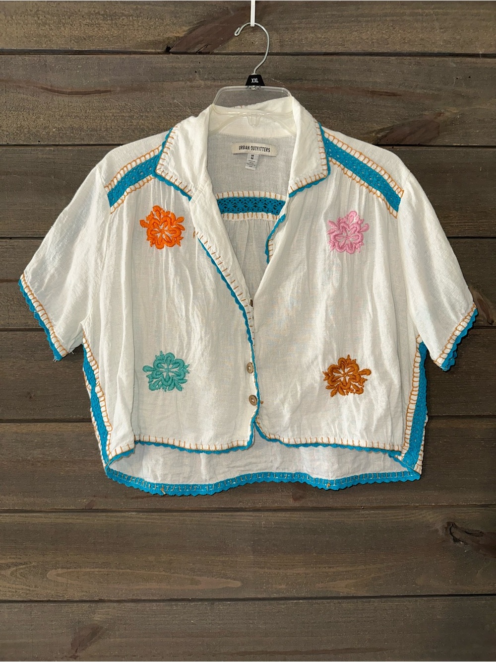 Urban Outfitters Cropped Embroidered White Button Front Top with Turquoise Trim